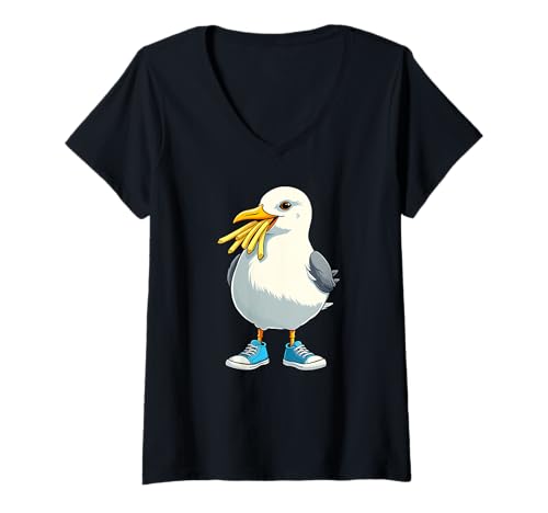 Damen Möwe Sneaker Pommes Cool T-Shirt mit V-Ausschnitt von Möwen Pommes Cartoon Streetwear