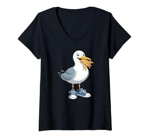 Damen Möwe Sneaker Pommes Cool T-Shirt mit V-Ausschnitt von Möwen Pommes Cartoon Streetwear