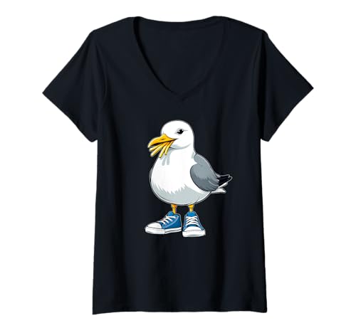 Damen Möwe Sneaker Pommes Cool T-Shirt mit V-Ausschnitt von Möwen Pommes Cartoon Streetwear