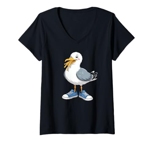 Damen Möwe Sneaker Pommes Cool T-Shirt mit V-Ausschnitt von Möwen Pommes Cartoon Streetwear