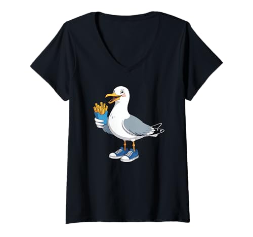 Damen Möwe Sneaker Pommes Cool T-Shirt mit V-Ausschnitt von Möwen Pommes Cartoon Streetwear