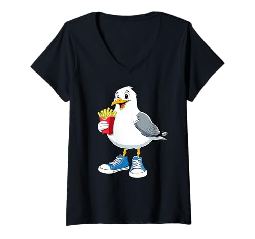 Damen Möwe Sneaker Pommes Cool T-Shirt mit V-Ausschnitt von Möwen Pommes Cartoon Streetwear