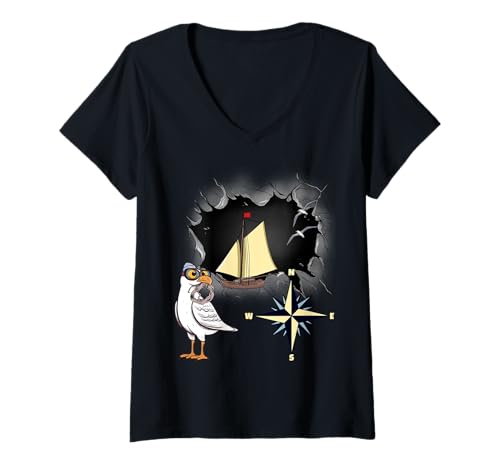 Damen Maritim Möwen Möwe Moin Segelboot Kompass Schifffahrt Boot T-Shirt mit V-Ausschnitt Damen Maritim Möwen Möwe Moin Segelboot Kompass Schifffahrt Boot T-Shirt mit V-Ausschnitt von Möwen Seefahrer Boot Schiff Matrosen Kutter