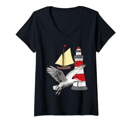 Damen Segelschiff Schiff segeln Möwe Leuchttürme Seefahrer Schiffe T-Shirt mit V-Ausschnitt Damen Segelschiff Schiff segeln Möwe Leuchttürme Seefahrer Schiffe T-Shirt mit V-Ausschnitt von Möwen Seefahrer Boot Schiff Matrosen Kutter