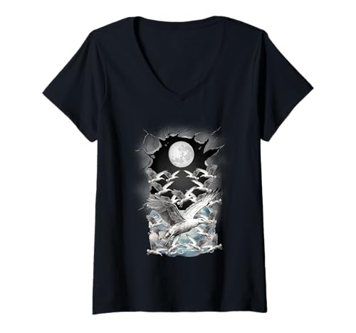 Damen maritim Möwen Möwe Seemöwen Seemöwe Meer Mond mystisch T-Shirt mit V-Ausschnitt Damen maritim Möwen Möwe Seemöwen Seemöwe Meer Mond mystisch T-Shirt mit V-Ausschnitt von Möwen Seefahrer Boot Schiff Matrosen Kutter