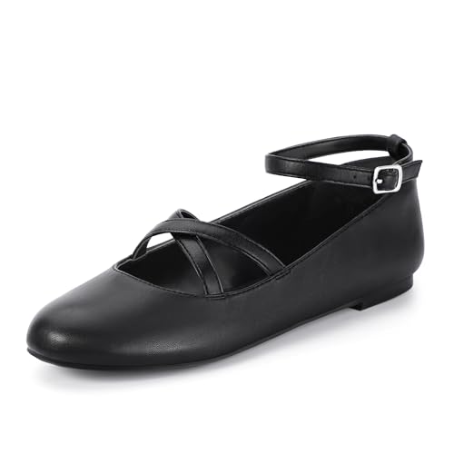Mofri ShowHow Mary Jane Ballerinas für Damen, runde Zehen, Mary Jane, Knöchelriemen, Ballerinas, Schuhe, Hochzeit, Freizeit, Büro, Kleid, Schwarz (Black Pu), 41 EU von Mofri