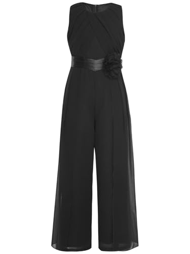 Moggemol Mädchen Jumpsuit Festlich Ärmellos Overall Sommer Blumenmädchenkleid Lang Weites Bein Hose Mit Taillengürtel Für Party Hochzeit Kommunion Schwarz 170 von Moggemol