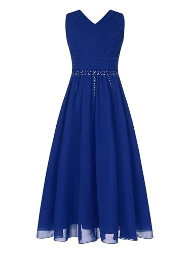 Moggemol Mädchen Kinderkleid Mit Vausschnitt Hochzeitskleid Abendkleid Brautjungfernkleid Cocktailkleid Geburtstagsfeier Party Sommerkleid Schick Ärmellos Blau 134-140 von Moggemol