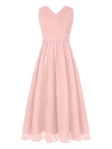 Moggemol Mädchen Kinderkleid Mit Vausschnitt Hochzeitskleid Abendkleid Brautjungfernkleid Cocktailkleid Geburtstagsfeier Party Sommerkleid Schick Ärmellos Rosa 158-164 von Moggemol