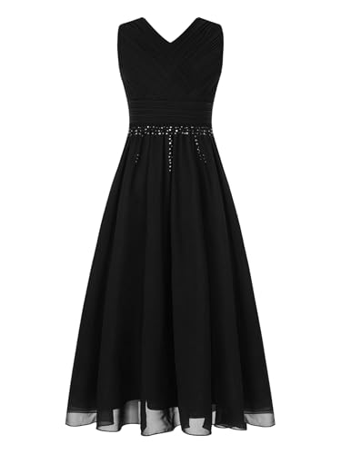 Moggemol Mädchen Kinderkleid Mit Vausschnitt Hochzeitskleid Abendkleid Brautjungfernkleid Cocktailkleid Geburtstagsfeier Party Sommerkleid Schick Ärmellos Schwarz 158-164 von Moggemol