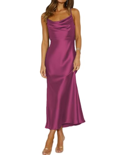 Mogidol Sommerkleid, Satin, Spaghettiträger, Wasserfallausschnitt, rückenfrei, Midi-Kleid, Elegante Schnürung mit niedrigem Rücken, gerüschtes Cocktailkleid, Fuchsia, Mittel von Mogidol