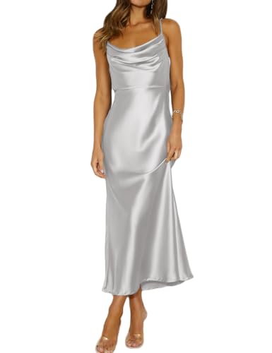Mogidol Sommerkleid, Satin, Spaghettiträger, Wasserfallausschnitt, rückenfrei, Midi-Kleid, Elegante Schnürung mit niedrigem Rücken, gerüschtes Cocktailkleid, Silber, Klein von Mogidol
