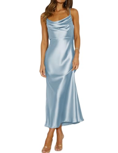 Mogidol Sommerkleid, Satin, Spaghettiträger, Wasserfallausschnitt, rückenfrei, Midi-Kleid, elegante Schnürung mit niedrigem Rücken, gerüschtes Cocktailkleid, Blau, Klein von Mogidol