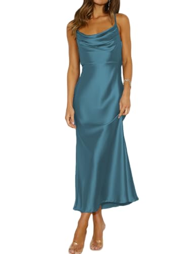 Mogidol Sommerkleid, Satin, Spaghettiträger, Wasserfallausschnitt, rückenfrei, Midi-Kleid, elegante Schnürung mit niedrigem Rücken, gerüschtes Cocktailkleid, Blau dunkel, Klein von Mogidol