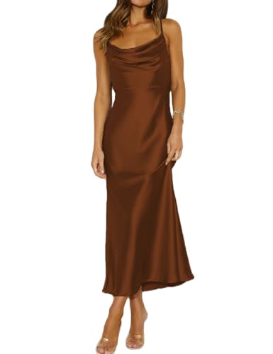 Mogidol Sommerkleid, Satin, Spaghettiträger, Wasserfallausschnitt, rückenfrei, Midi-Kleid, elegante Schnürung mit niedrigem Rücken, gerüschtes Cocktailkleid, Braun, X-Klein von Mogidol