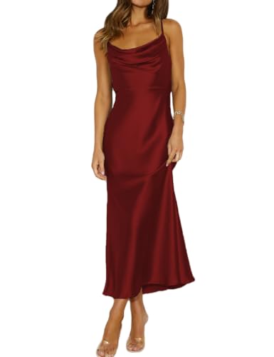 Mogidol Sommerkleid, Satin, Spaghettiträger, Wasserfallausschnitt, rückenfrei, Midi-Kleid, elegante Schnürung mit niedrigem Rücken, gerüschtes Cocktailkleid, Burgunder, Klein von Mogidol