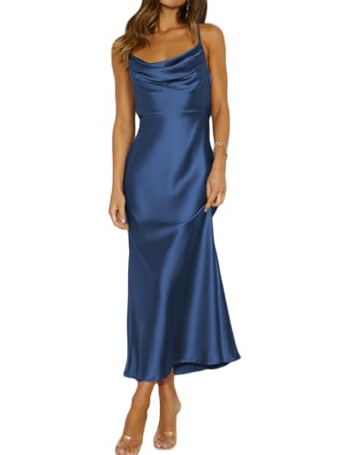 Mogidol Sommerkleid, Satin, Spaghettiträger, Wasserfallausschnitt, rückenfrei, Midi-Kleid, elegante Schnürung mit niedrigem Rücken, gerüschtes Cocktailkleid, Marineblau, X-Groß von Mogidol