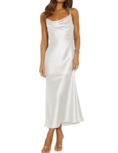 Mogidol Sommerkleid, Satin, Spaghettiträger, Wasserfallausschnitt, rückenfrei, Midi-Kleid, elegante Schnürung mit niedrigem Rücken, gerüschtes Cocktailkleid, Weiss/opulenter Garten, X-Klein von Mogidol