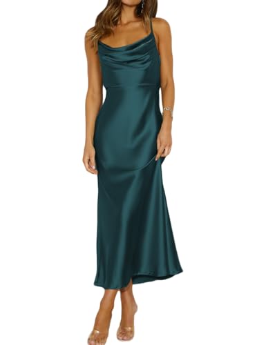 Mogidol Sommerkleid, Satin, Spaghettiträger, Wasserfallausschnitt, rückenfrei, Midi-Kleid, elegante Schnürung mit niedrigem Rücken, gerüschtes Cocktailkleid, dunkelgrün, Groß von Mogidol