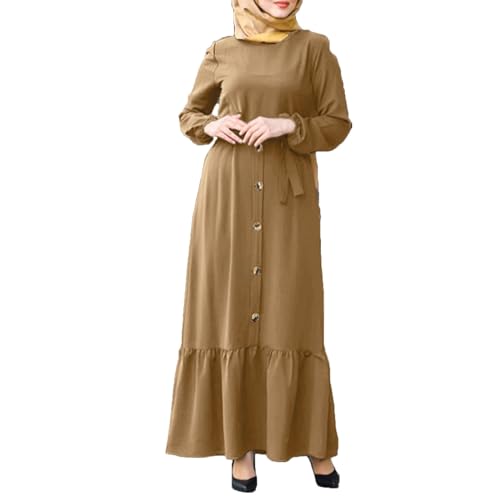 Damen Kleider Muslim Kaftan Damen Kleid Muslim Ramadan Muslim Kleidung Für Frauen Muslimkleid Robe Langarm Einfarbig Gebet Abaya Kleider Islamischer Naher Osten Dubai Türkei (H8-Khaki, XXL) von Moginp