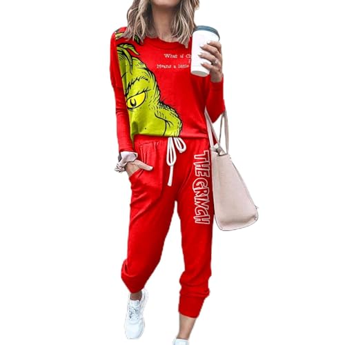 Grinch Anzug Damen Trainingsanzüge Grinch Jogginganzug Zweiteilige Hausanzug Lounge-Sets Freizeitanzug für Damen Sportanzug Sweatshirt Hosen Jogginganzüge für Frauen 2-teiliges Set Trainingshose von Moginp