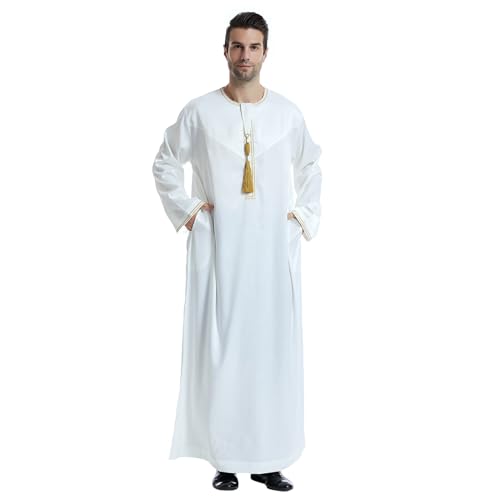 Kaftan Herren Islam, Muslim Kaftan Für Männer Gewand Arabisch Gebet Eid Kleidung Saudi-Arabisches Langarm-Gewand Für Herren Crew Stehkragen Thobe Islamische Kleidung Aus Dem Nahen Osten (Y4-White, S) von Moginp