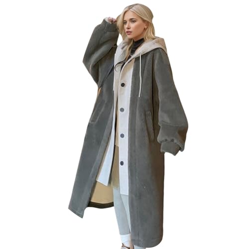 Mantel Damen 2-Layered Faux Lambswool Kapuze Mantel Jacke Damen Hooded Coat Jacket Frauen Winter Warm Fleece Button Mode Cardigan Mantel Herbst Outwear von Moginp