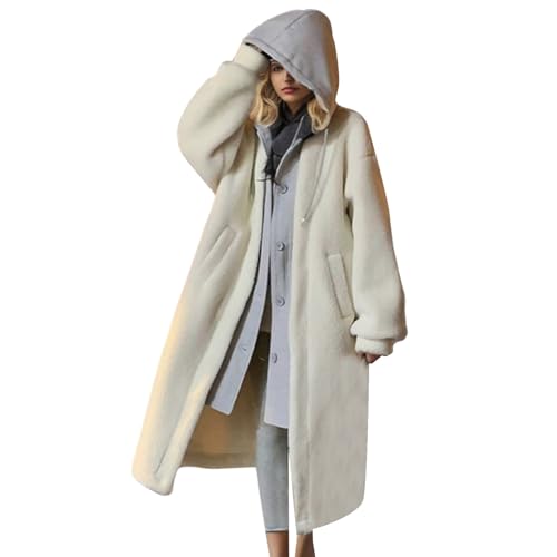 Mantel Damen 2-Layered Faux Lambswool Kapuze Mantel Jacke Damen Hooded Coat Jacket Frauen Winter Warm Fleece Button Mode Cardigan Mantel Herbst Outwear von Moginp