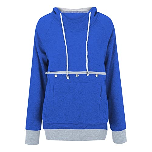 Moginp Damen Pullover Kapuzenpullover mit Katzen Hund Tasche Hundetasche Katze Sweatshirt Pulli Hoodie Kapuze Katzenpulli Beutel Langarm Herbst Winter Große Größen Mit Velve (Blau,S) von Moginp