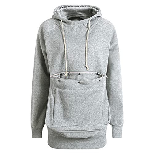 Moginp Damen Pullover Kapuzenpullover mit Katzen Hund Tasche Hundetasche Katze Sweatshirt Pulli Hoodie Kapuze Katzenpulli Beutel Langarm Herbst Winter Große Größen Mit Velve (Grau-03,L) von Moginp