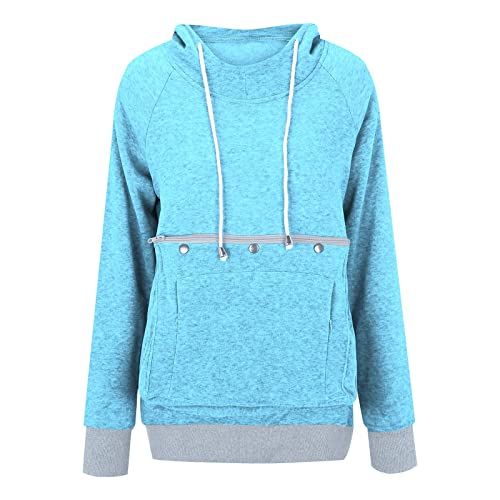 Moginp Damen Pullover Kapuzenpullover mit Katzen Hund Tasche Hundetasche Katze Sweatshirt Pulli Hoodie Kapuze Katzenpulli Beutel Langarm Herbst Winter Große Größen Mit Velve (Hellblau,M) von Moginp