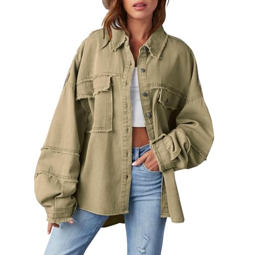 Moginp Jeansjacke Damen Oversize Mit Kapuze Übergangsjacke Damen Wasserdicht Warm Herbstjacke Damen Steppjacke Lang Jacke Damen Übergangsjacke Elegant Winterjacke Frauen Lang Warm (Y11-Khaki, S) von Moginp