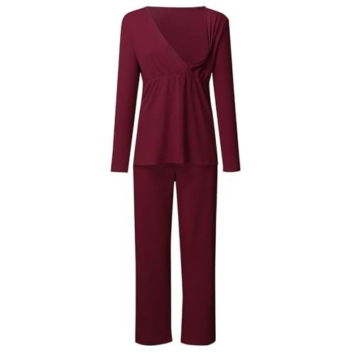 Moginp Pyjama Damen Schlafanzug Damen Lang Warm Nachtwäsche Set Zweiteiliger Pjs Sets Hausanzug Thermo Schlafanzüge Frauen Tops+Hosen Langarm Bequem Pyjama Set Teddy Fleece Homewear (W6-Rot,S) von Moginp