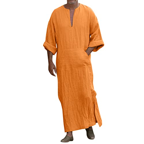 Muslim Kaftan Herren, Herren Kaftan Baumwolle Leinen Lang Einfarbig Jilbab Herren Muslimische Robe mit Tasche Islamische Gebetskleidung für Männer Afghanische Arabische Kleidung (W3-Orange, XXXXXL) von Moginp