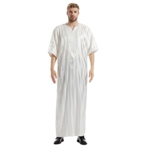 Muslim Kaftan Herren, Herren Kaftan Baumwolle Leinen Lang Einfarbig Jilbab Herren Muslimische Robe mit Tasche Islamische Gebetskleidung für Männer Afghanische Arabische Kleidung Kleider (W16-White, L) von Moginp