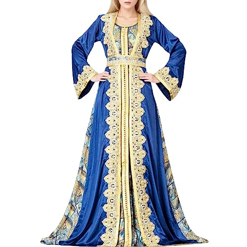 Muslimische Kleider Damen Kaftan Damen Kleid Muslim Ramadan Damen Muslim Roben Muslimkleid Robe Langarm Einfarbig Gebet Abaya Kleider Islamischer Naher Osten Dubai Türkei (X1-Blue, M) von Moginp