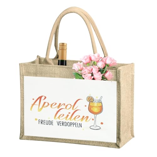 MoguGo Aperol Geschenk Jutetasche – Nachhaltige Jutetasche mit Spruch „Aperol teilen, Freude verdoppeln“ – Stilvolle Strandtasche & Aperol Spritz Accessoires für Frauen, Freundin oder Kollegin von MoguGo