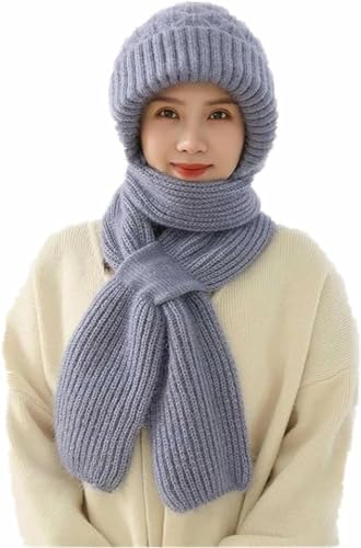 MoguGo Damen Verdickter Warmer Einteiliger Hutschal, 2 in 1 Winterschal Mütze, Integrierter Gehörschutz Winddichte Mütze Schal, Winter Warm Strickmütze, Kapuzenschal für Frauen (Blau) von MoguGo