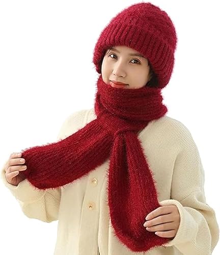 MoguGo Damen Verdickter Warmer Einteiliger Hutschal, 2 in 1 Winterschal Mütze, Integrierter Gehörschutz Winddichte Mütze Schal, Winter Warm Strickmütze, Kapuzenschal für Frauen (Rot) von MoguGo