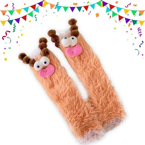 MoguGo Flauschige Cartoon-Monster-Socken, Flauschige Tiersocken, Winter-Kawaii-lustige Eltern-Kind-Schlafsocken (Orange) von MoguGo