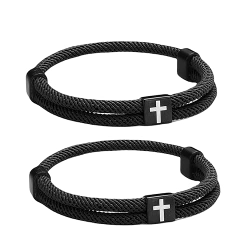 Moguri 2 Stück Herren Lederarmband mit Kreuz, Handgefertigtes Verstellbares Armband mit Edelstahl Quadrat-Kreuz Anhänger für Männer, Jesus Armband Schwarz von Moguri