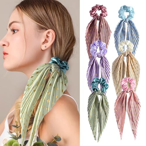 Scrunchies Haargummis 6 Stück Scrunchies Satin Weiche Elastische Haarbänder Haarschmuck Haargummi mit Schleife für Damen und Mädchen von Moguxb