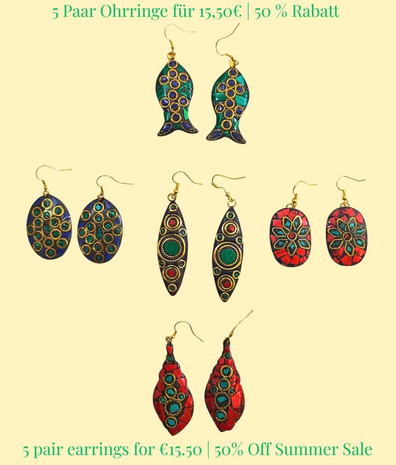 Boho Mosaik-Ohrringe - 5Er Set | 50% Rabatt Handgemachter Ethno-Schmuck von MohiniHandicrafts