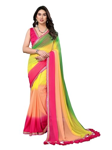 MOHIT CREATIONS Damen Partywear Georgette Floral Printed Saree || Indian Traditional Sari with Unstitched Blouse Piece, grün-pink, Einheitsgröße MOHIT CREATIONS Damen Partywear Georgette Floral Printed Saree || Indian Traditional Sari with Unstitched Blouse Piece, grün-pink, Einheitsgröße von Mohit Creations