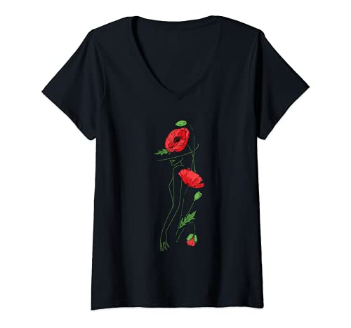 Damen Rote Mohnblumen Papaver Rhoeas Klatschmohn Mohnblume T-Shirt mit V-Ausschnitt Damen Rote Mohnblumen Papaver Rhoeas Klatschmohn Mohnblume T-Shirt mit V-Ausschnitt von Mohnblume Papaver Rhoeas Klatschmohn Klatschrose