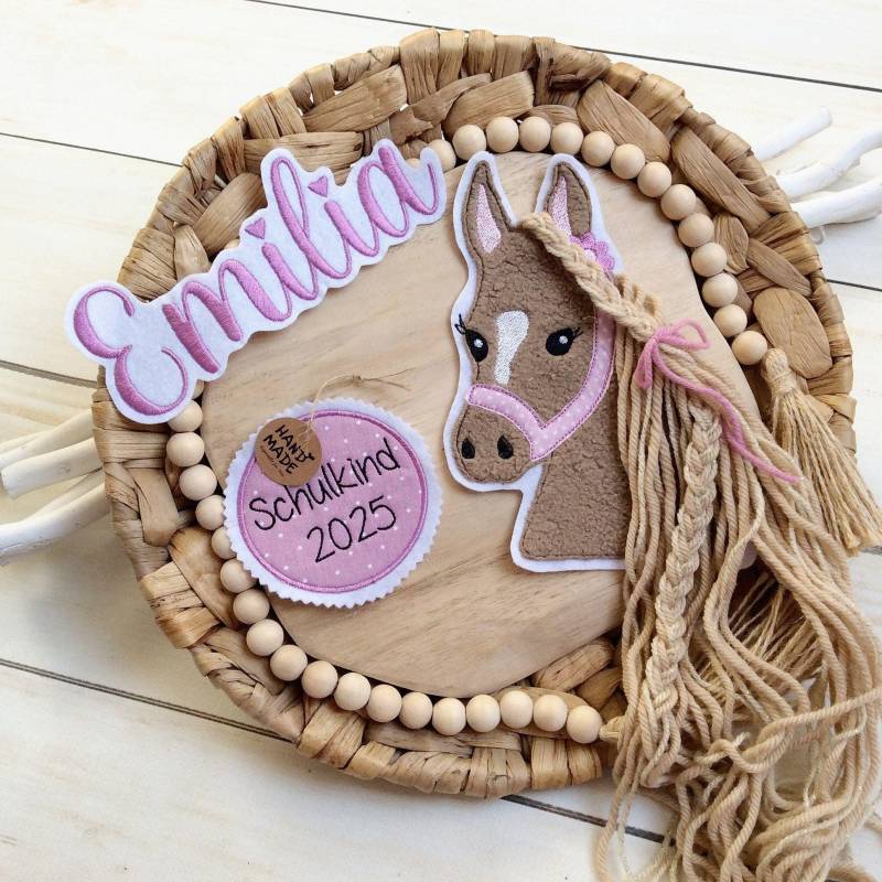 Applikation Aufnäher Pferd Mit Anhänger Button Inkl. Name Für Schultüte Auf Filz Pferdekopf 3D Mähne Wollmähne Diy von MohnblumesWelt