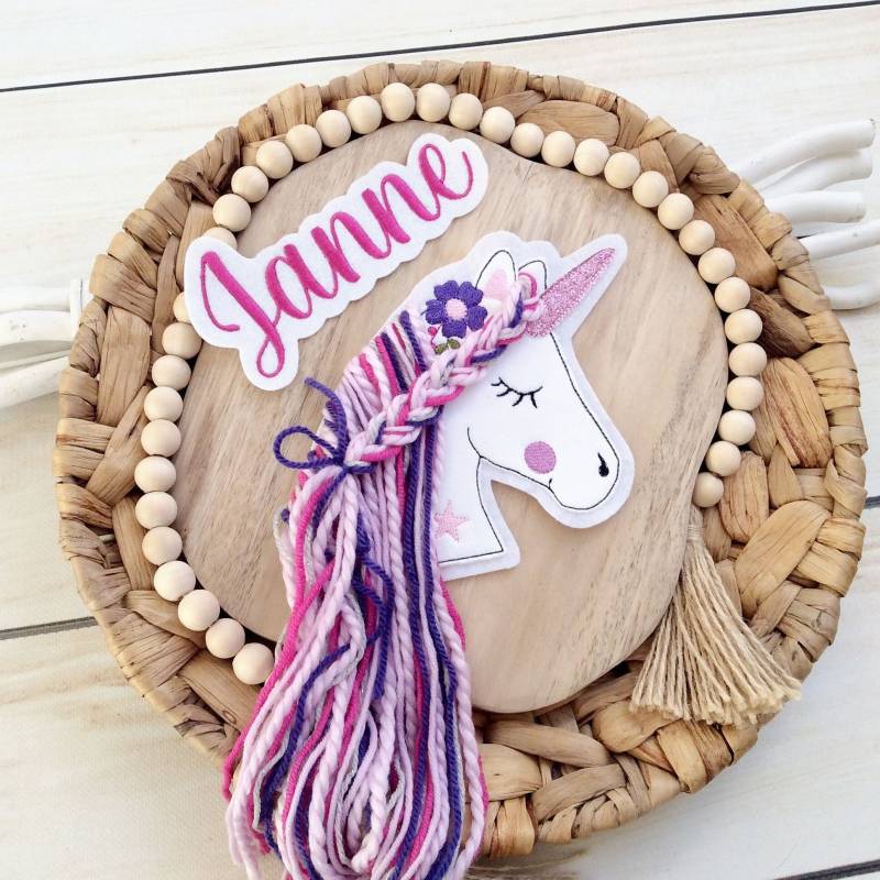 Applikation Boho Einhorn Mit Wollmähne Und Wunschname M Aufnäher Button Für Schultüte Diy Flicken Patch Auf Filz Pferd Mähne Name von MohnblumesWelt
