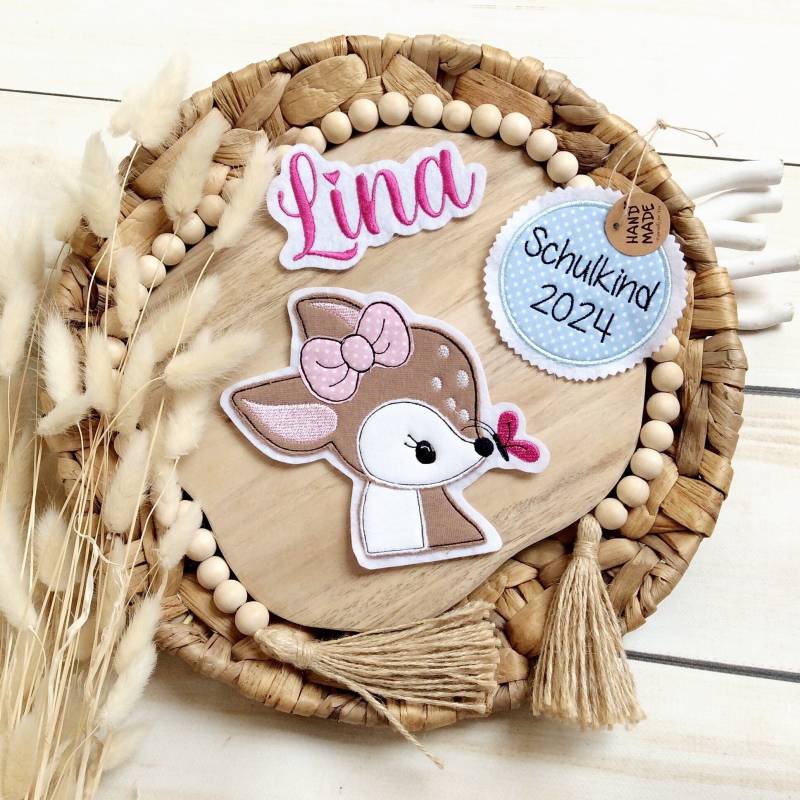 Applikation Reh Komplettes Set 3 Teilig - Aufnäher Button Für Schultüte Und Wunschname Patch Motiv Auf Filz Rehkitz Mit Name Anhänger von MohnblumesWelt