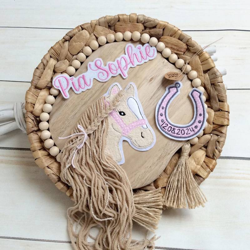 Komplettes Set Applikation Pferdekopf Aufnäher Button Für Schultüte Und Wunschname Patch Motiv Auf Filz Pferd Mit Mähne Pony von MohnblumesWelt