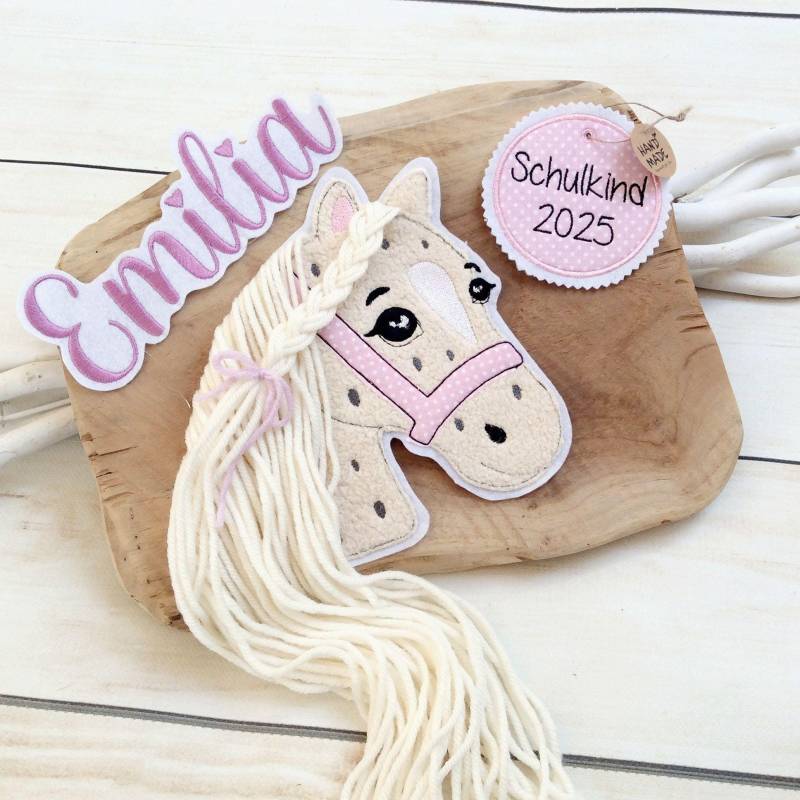 Komplettes Set Applikation Pferdekopf Aufnäher Button Für Schultüte Und Wunschname Patch Motiv Auf Filz Pferd Mit Mähne Pony von MohnblumesWelt